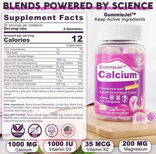 Sugar-Free Calcium Citrate Gummies 1000mg w/Vitamin D3 K2, K2, Magnesium, 60 Count