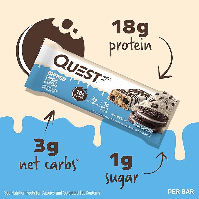 Quest Nutrition Dipped Chocolate Cookies & Cream Protein Bars, High Protein, Low Carb, Gluten Free, Keto Friendly, 12 Count