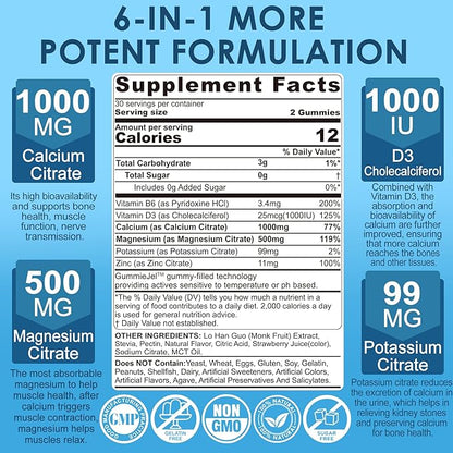 Calcium Citrate 1000mg, Calcium Gummies with Calcium & Magnesium 2:1 Ratio, Plus Vitamin D3, Zinc, B6 & Potassium – High Absorbable Calcium Chewable, Bone & Muscle Support, Vegan, Sugar-Free, 120Cts
