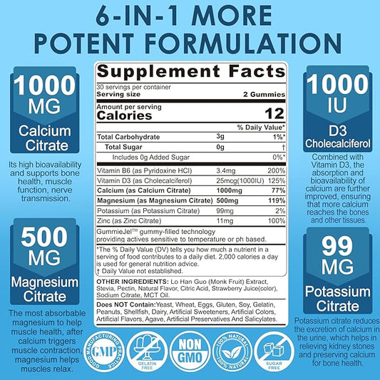 Calcium Citrate 1000mg, Calcium Gummies with Calcium & Magnesium 2:1 Ratio, Plus Vitamin D3, Zinc, B6 & Potassium – High Absorbable Calcium Chewable, Bone & Muscle Support, Vegan, Sugar-Free, 120Cts