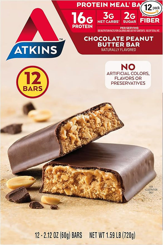 Atkins Chocolate Peanut Butter Protein Meal Bar, High Fiber, 16g Protein, 2g Sugar, 3g Net Carb, Meal Replacement, Low Carb, Keto Friendly, 12 Count