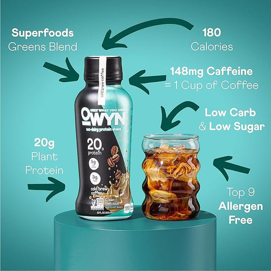 OWYN Only What You Need Vegan Plant Based Protein Shake, Cold Brew Coffee, 24 Pack, 148mg Caffeine, 20g Plant Protein, Omega-3, Prebiotic Supplements, Gluten-Free, Soy-Free, Non-GMO
