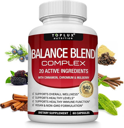Premium Natural Complex Supplement – Natural 20 Herbs and Vitamins with Cinnamon Non-GMO Vegan, for Men Women, 60 Capsules