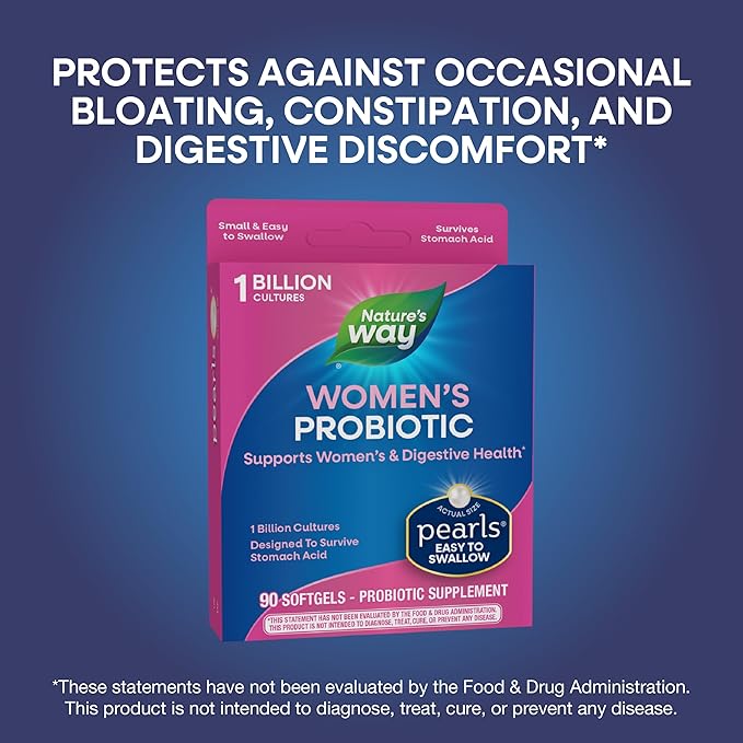 Nature's Way Women's Probiotic Pearls, Supports Women's and Digestive Health*, Protects Against Occasional Constipation & Bloating*, 1 Billion Live Cultures, 90 Softgels (Packaging May Vary)