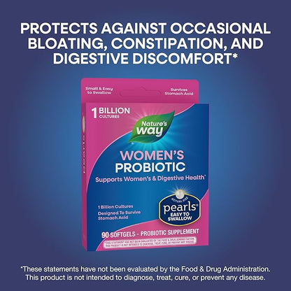 Nature's Way Women's Probiotic Pearls, Supports Women's and Digestive Health*, Protects Against Occasional Constipation & Bloating*, 1 Billion Live Cultures, 90 Softgels (Packaging May Vary)