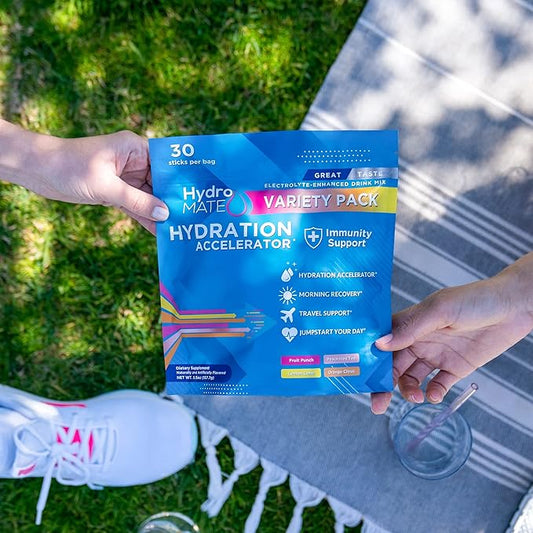 NatureWorks HydroMATE Electrolytes Powder Drink Mix Packets Hydration Accelerator Low Sugar Rapid Party Relief Plus Vitamin C Variety Pack 90 Count