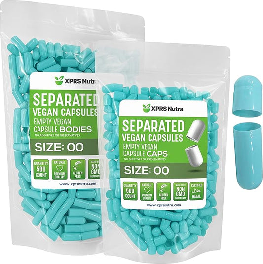 XPRS Nutra Vegan Size 00 Separated Capsules - 500 Count Premium Empty Capsules Separated in Bags - Separated Empty 00 Capsules - Pill Capsules Empty for DIY Supplement Filling (Aqua)