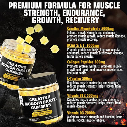 Creatine Monohydrate Gummies 5g for Men 7000mg with B12, D3, D3, Chewables 1 Pack