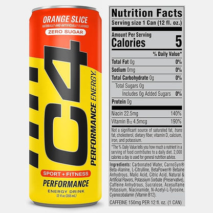 Cellucor C4 Performance Energy Drink | Zero Sugar Carbonated Preworkout Energy | 150mg Caffeine with Beta Alanine | Orange Slice | 12 Fl Oz (12 Pack)