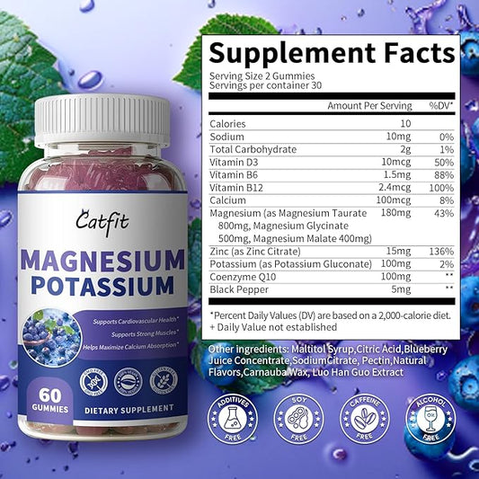 Potassium Magnesium Supplement Gummies,Magnesium Glycinate 500mg,Potassium Gluconate 99mg,Triple Magnesium Complex 1700mg,Calcium,Zinc,Vitamin D3 for Leg Cramps,Sleep,Immunity & Energy,60 Ct Blueberry