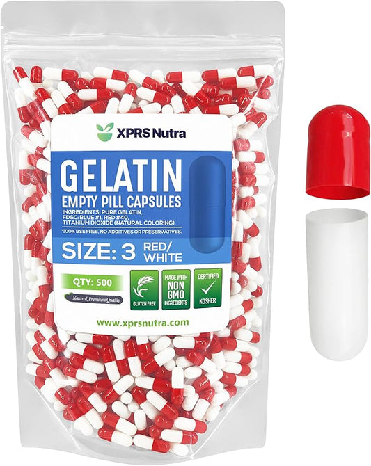 XPRS Nutra Size 3 Empty Capsules - 500 Count Empty Gelatin Capsules - Empty Pill Capsules - DIY Capsule Filling - Pure Bovine Pill Capsules Empty Gel Caps (Red/White)