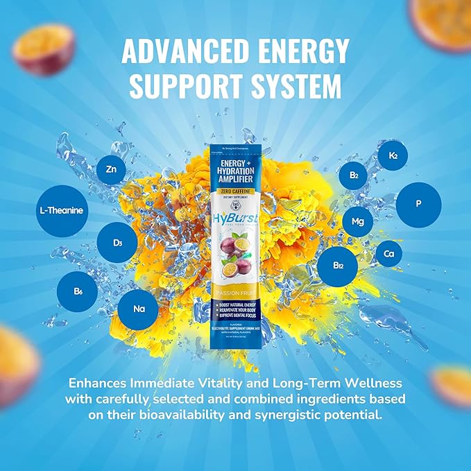 Energy + Hydration Amplifier - Multivitamin Electrolyte Powder Packets with Vitamins D3 K2 & B6 B12 | L-Theanine, Cane Sugar, Caffeine Free Energy Drink Powder | Passion Fruit, 15 Pack