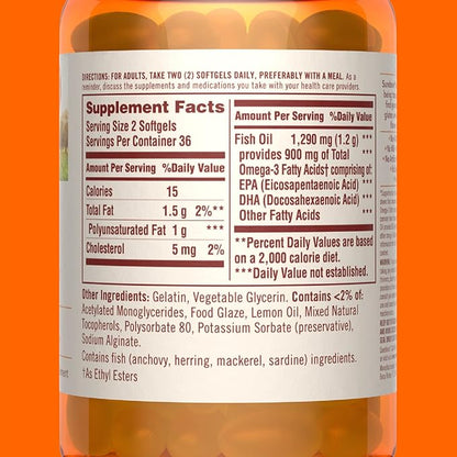 Sundown Odorless Fish Oil, 1290mg, Omega 3 Dietary 72 Coated 2)