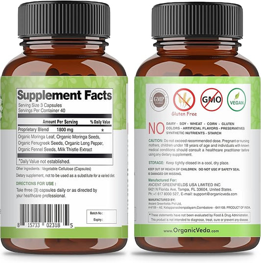 Organic Veda Moringa Max Milk Lactation Supplement 120 Count