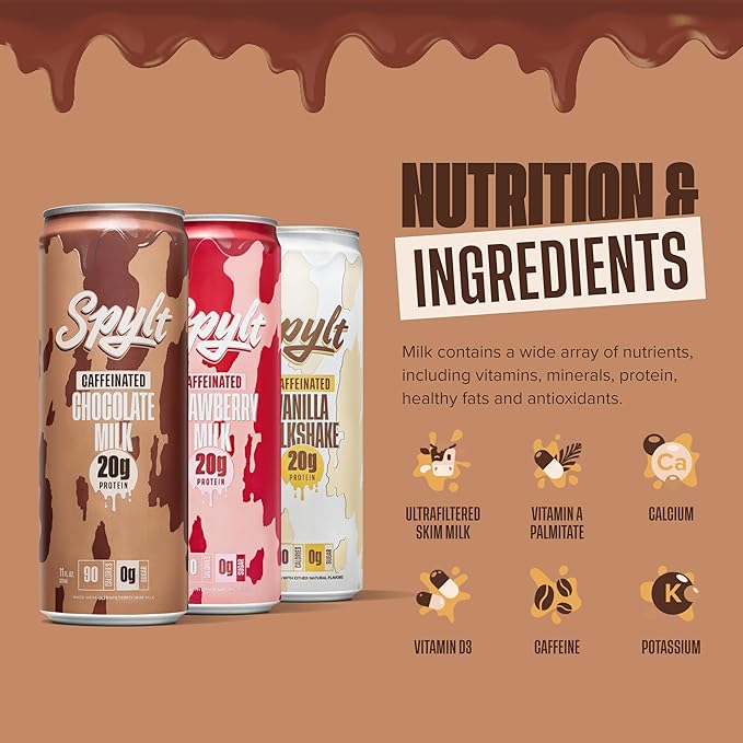 High Protein Milk Variety Pack (Chocolate, Strawberry, Vanilla) with 60mg Caffeine & 20g Protein - Ready to Drink, Sugar Free, Lactose Free Milk, Perfect for Workout Recovery & Afternoon Pick Me Up - 12 Count