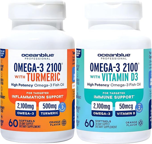 Oceanblue Omega-3 2100 Advanced Wellness Bundle – Vitamin D3 & Turmeric – High Potency Fish Oil for Heart, Joint & Immune Support – 2-Pack