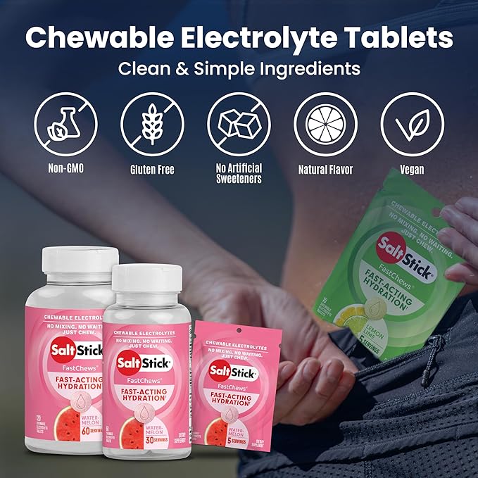SaltStick Electrolyte FastChews Chewable Tablets | 120 Count - Watermelon | Salt Tablets for Runners, Sports Nutrition, Hydration Tablets, Electrolyte Chews | 12 Packets of 10 Tablets Each