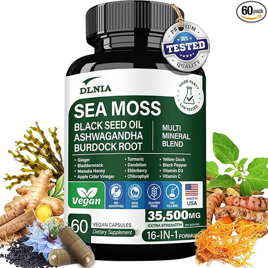 16-in-1 Organic Sea Moss 17500mg Ashwagandha 5000mg Black 4000mg Turmeric 5000mg Bladderwrack D3 with