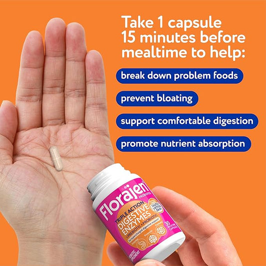Florajen Digestive Enzymes with Probiotics and Prebiotics for Women and Men - Digestive Health, Gut Relief & Bloating - Triple Action Formula - 30ct