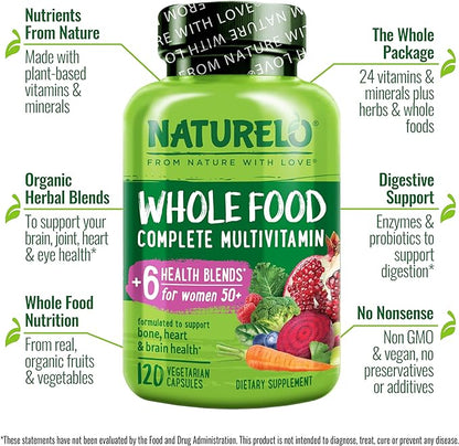 NATURELO Whole Food Multivitamin for Women 50+ (Iron 50 - 120 Vegan