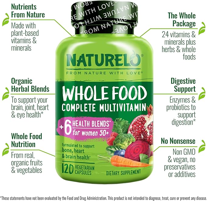 NATURELO Whole Food Multivitamin for Women 50+ (Iron 50 - 120 Vegan