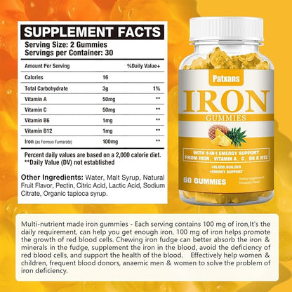 1 Pack 100MG Iron Supplement Gummies for Women & Men - with Vitamin A, C, B - Blood Builder ＆ Energy Support for Iron Deficiency, Anemia, Adults ＆ Children, Vegan, Pineapple Flavor Gummy, 60ct