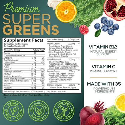 Super Greens Superfood Powder Drink Mix - Green Whole Food Blend for Energy & Gut Health with Spirulina, Chlorella, Mushrooms, Vegetables, Digestive Enzymes Antioxidant & Probiotics - 30 Servings
