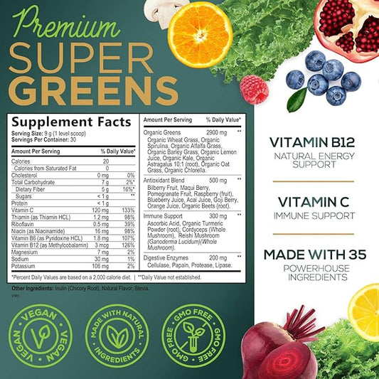 Super Greens Superfood Powder Drink Mix - Green Whole Food Blend for Energy & Gut Health with Spirulina, Chlorella, Mushrooms, Vegetables, Digestive Enzymes Antioxidant & Probiotics - 30 Servings