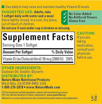 Nature Made Vitamin D3 2000 IU (50 mcg), 90 Softgels, 90 Day