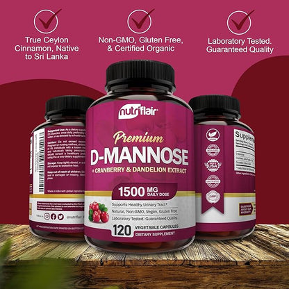NutriFlair D-Mannose 1500mg, 120 Capsules - with Cranberry and Dandelion Extract - Natural Urinary Tract Health UTI Support - Best D Mannose Powder - Flush Impurities, Detox Body, for Women and Men