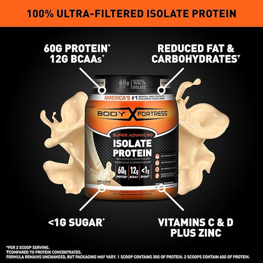 Body Fortress Super Advanced 100% Ultra-filtered 60g Protein 12g BCAAs 2 Scoops, 1.5lbs