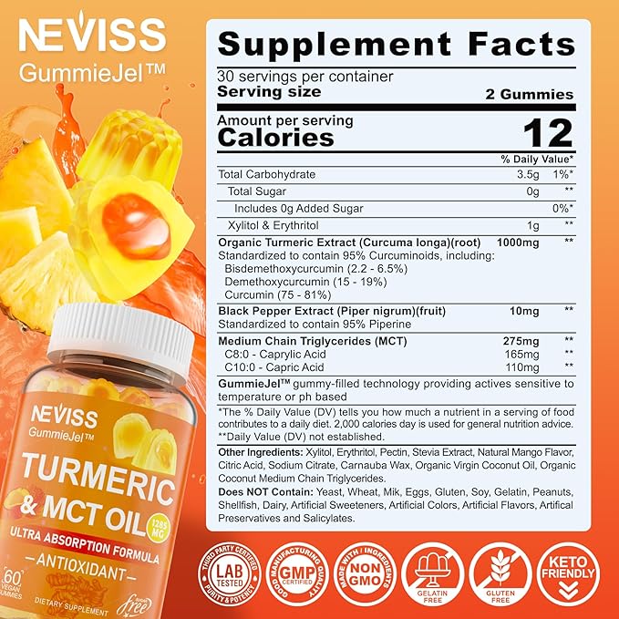 Turmeric Gummies 1000mg w/MCT Oil C8 C10, Organic Antioxidant, Sugar Free Turmeric Curcumin Supplement + Black Pepper Extract Support Flexible & Comfort, Digestion, Energy, Ultra Absorption, 60 Counts