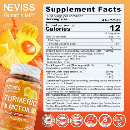 Turmeric Gummies 1000mg w/MCT Oil C8 C10, Organic Antioxidant, Sugar Free Turmeric Curcumin Supplement + Black Pepper Extract Support Flexible & Comfort, Digestion, Energy, Ultra Absorption, 60 Counts
