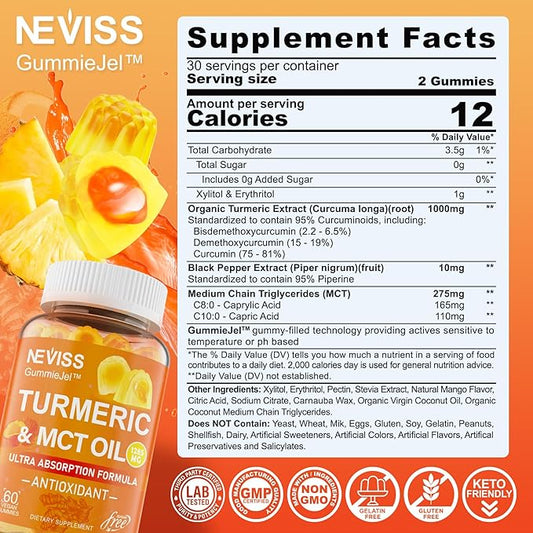 Turmeric Gummies 1000mg w/MCT Oil C8 C10, Organic Antioxidant, Sugar Free Turmeric Curcumin Supplement + Black Pepper Extract Support Flexible & Comfort, Digestion, Energy, Ultra Absorption, 60 Counts
