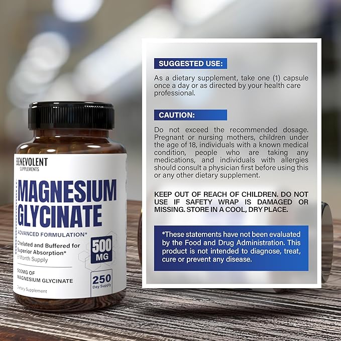 Premium Magnesium Glycinate 500mg Capsules High 250 Capsules