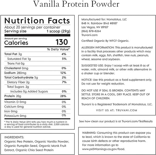 Truvani Pea Protein Powder, Vanilla, 20.9oz, 1pk, 20 20 Servings