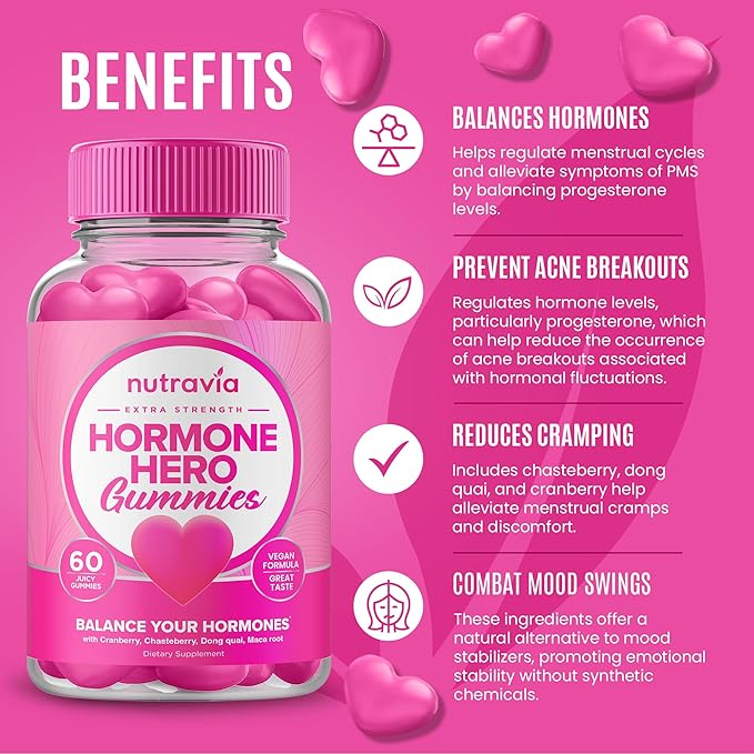 Hormone Balance For Women Gummies + PMS Relief Supplement - Supports Mood Swings, Clear Skin, Reduced Cramps and Bloating - Hormonal PMS Gummies PCOS Vitamin with Cranberry, Dong Quai (60 Gummies)