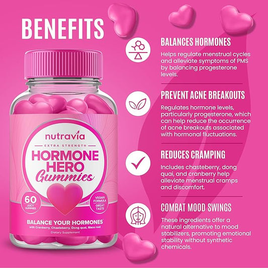 Hormone Balance For Women Gummies + PMS Relief Supplement - Supports Mood Swings, Clear Skin, Reduced Cramps and Bloating - Hormonal PMS Gummies PCOS Vitamin with Cranberry, Dong Quai (60 Gummies)