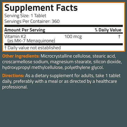 Bronson Vitamin K2 MK-7 100 MCG, K2 as MK7 Menaquinone, 1 Year 360 Tablets