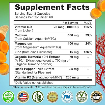 Plant-Based Calcium 500mg (Aquamin) - Vegan Calcium Magnesium Zinc D3 + Vitamin K2, Organic Turmeric & BioPerine - Supports Enhanced Bone Health & Strength for Women and Men - 180 Count