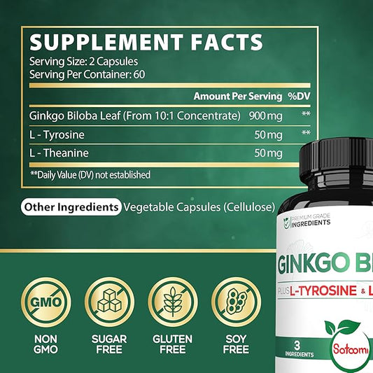 1000mg Ginkgo Biloba Supplements with L-Tyrosine, L-Theanine 120 Capsules 2-Month Supply