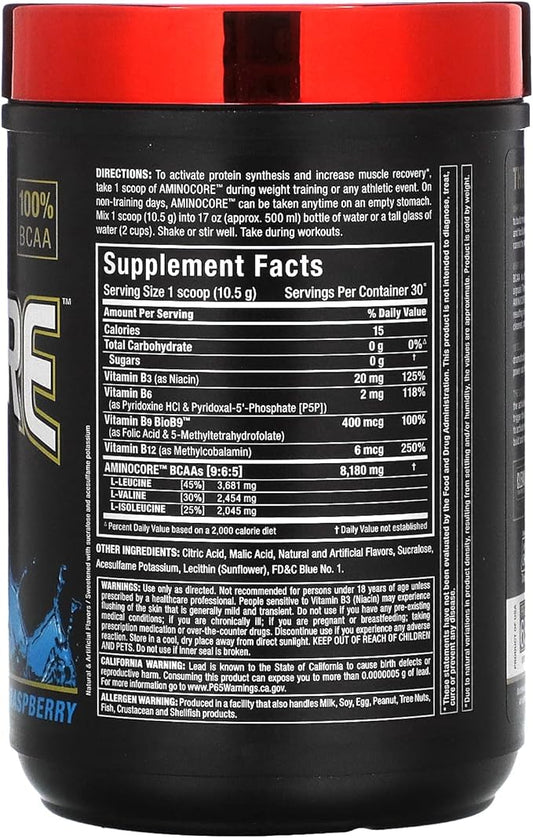 AMINOCORE BCAA – 8G BCAAs – 100% Pure Branch Chained Amino Acids – Gluten Free - Blue Raspberry - 315 Gram