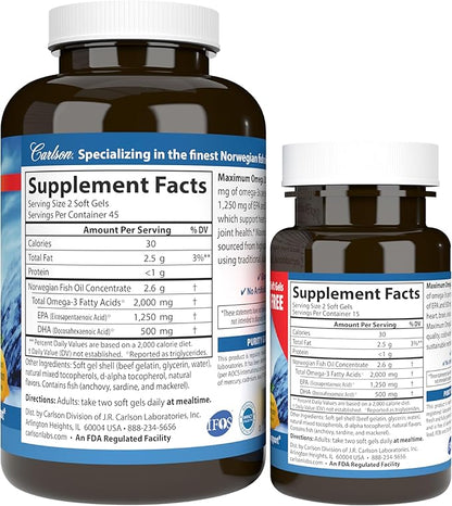 Carlson - Maximum Omega 2000, 2000 Omega-3 Fatty 90+30 Softgels