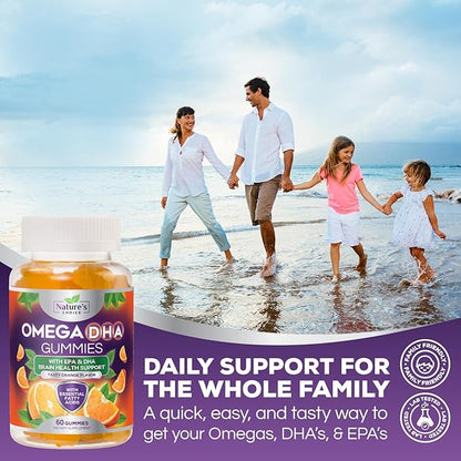 Omega 3 Fish Oil Gummies - Triple Strength Omega 3 Gummy Vitamins, High Absorption EPA & DHA Fatty Acids, for Heart Health & Brain Support, Nature's Fish Oil Supplement, Orange Flavor - 60 Gummies