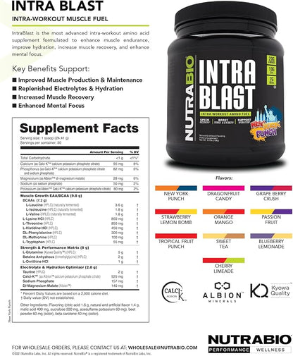 NutraBio Intra Blast BCAA EAA Electrolyte and Hydration Powder - Amino Acid Supplement, EAA/BCAA Powder - Non-GMO and Gluten Free - New York Punch - 30 Servings