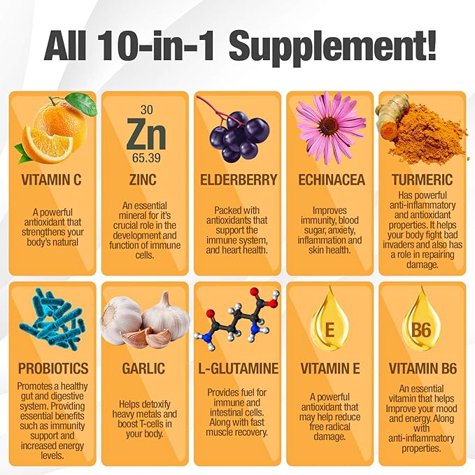10 in 1 Immune Support Supplement (No Fillers) | Vitamin C, Zinc, Elderberry, Echinacea, Turmeric, Probiotics |Immunity Booster for Multi-System Immune Defense, Respiratory & Gut health |60 Day Supply
