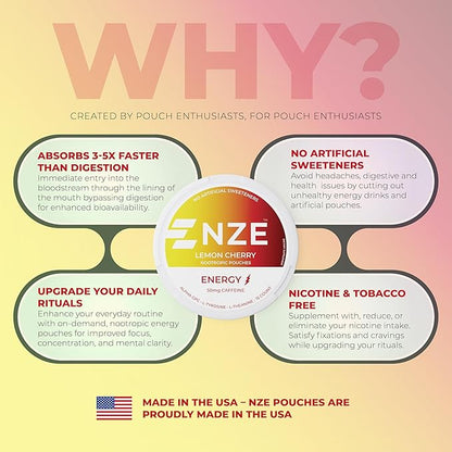 NZE Caffeine Nootropic Pouches (Lemon Cherry) - Nootropic Energy Pouches with 50mg Caffeine, Alpha GPC, L-Tyrosine & L-Theanine No Sugar or Artificial Sweeteners - 15 Nicotine Free Pouches A Can