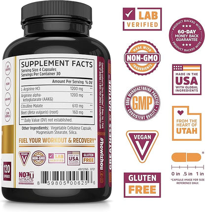 Zhou Nitric Oxide with L Arginine, Citrulline Malate, AAKG and Beet Root | Powerful N.O. Booster and Muscle Builder for Strength, Blood Flow and Endurance | 30 Servings, 120 Veggie Caps