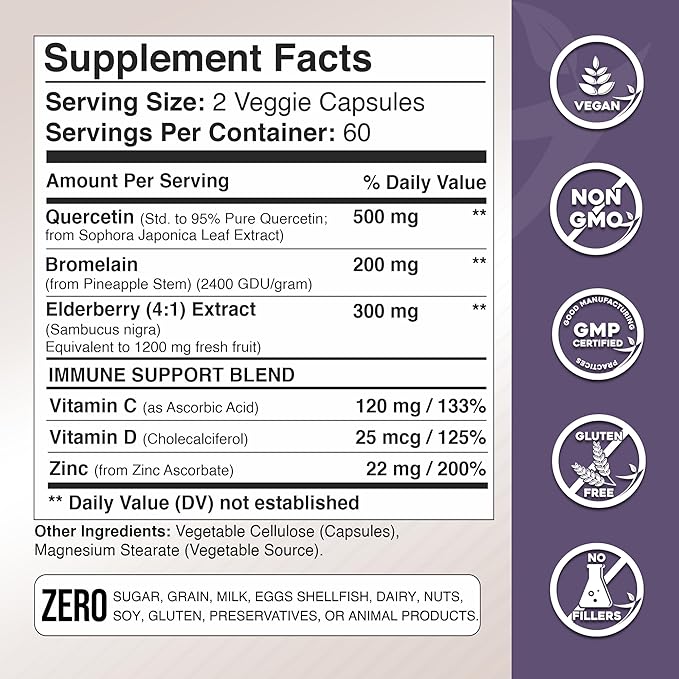 Quercetin with Vitamin C and Zinc 500mg - D3 - 6 in 1 Daily 4 Months
