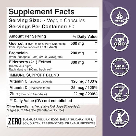 Quercetin with Vitamin C and Zinc 500mg - D3 - 6 in 1 Daily 4 Months